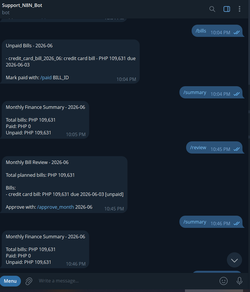 Telegram bot finance assistant output